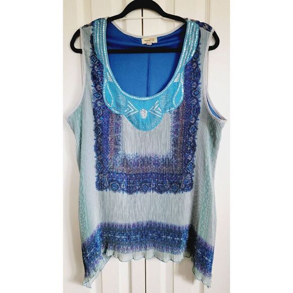 One World 2X Tank Top Blouse Boho Flowy‎ Blue Green Stretch Ribbed Lined Beaded - Picture 1 of 7